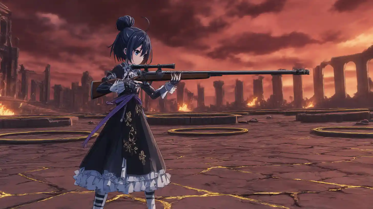 Anime girl aiming rifle in ruined urban war zone