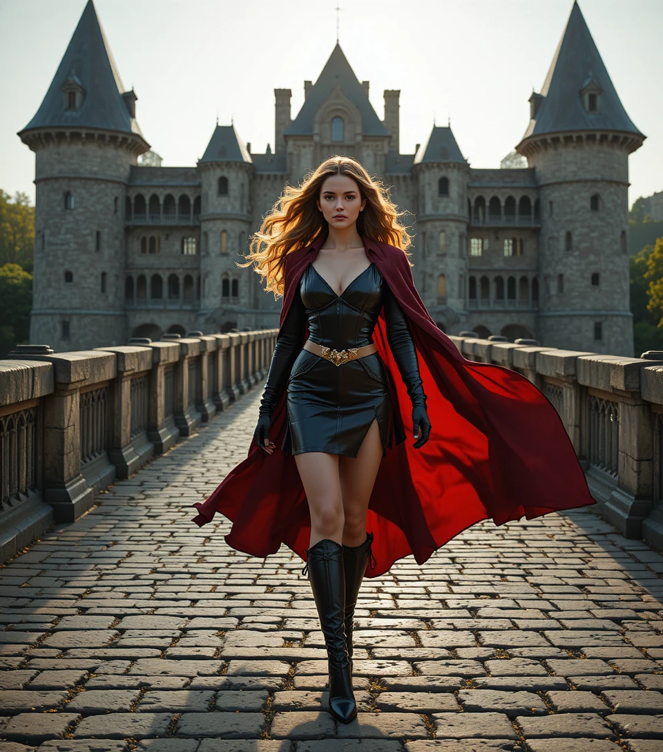 Red cloaked warrior woman walking on castle bridge