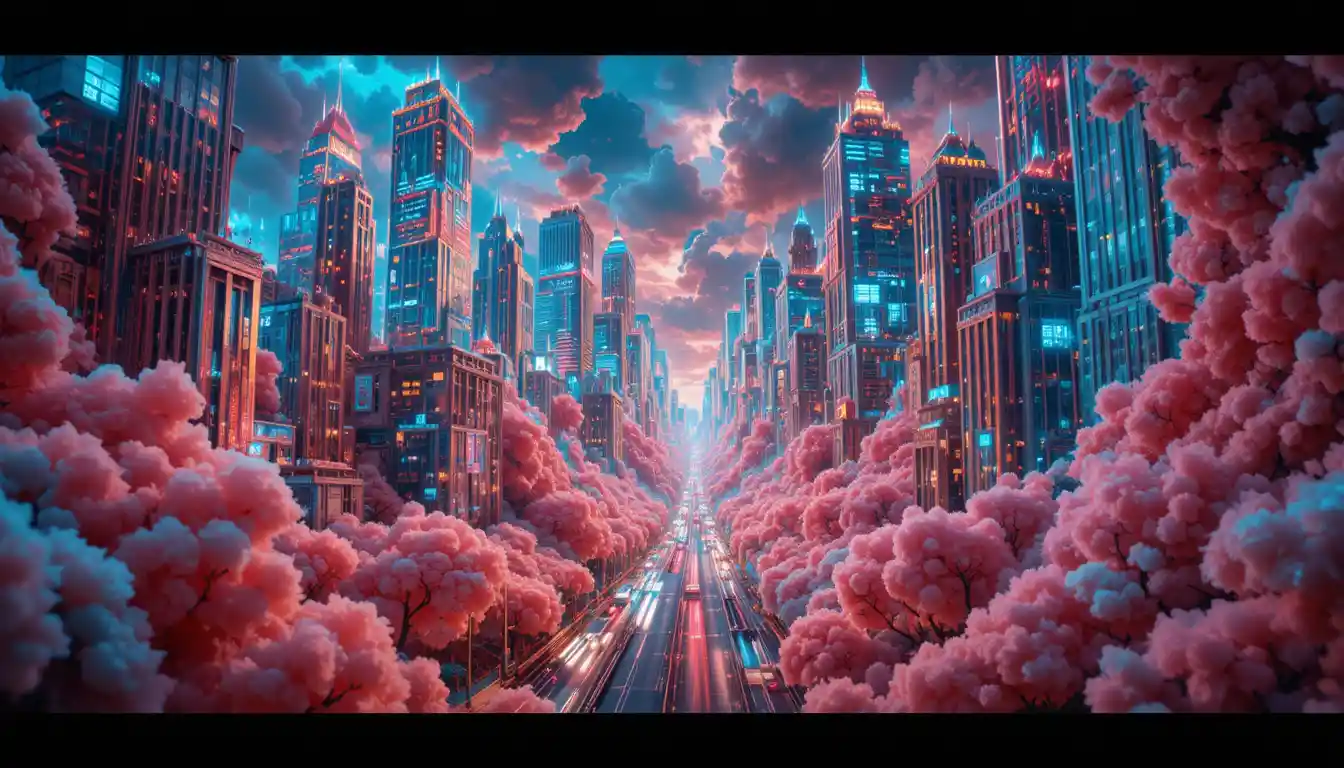 Surreal Neon Cityscape Woven From Cotton Candy Structures