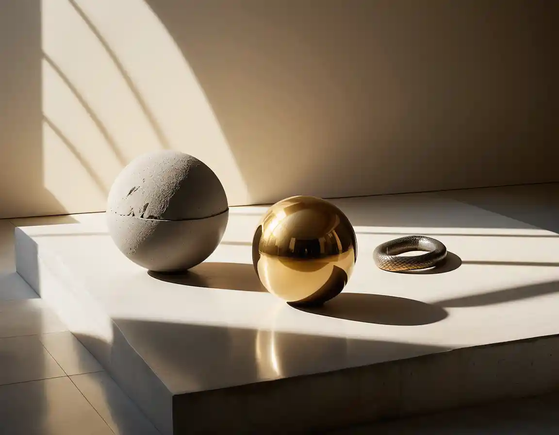 Minimalist studio still life with stone and marble sphere