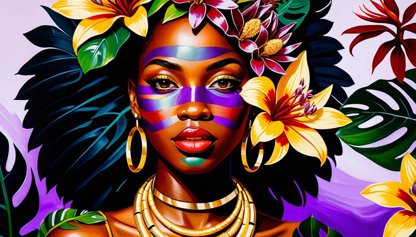 Close up portrait of a woman with tropical bouquet and gold jewelry