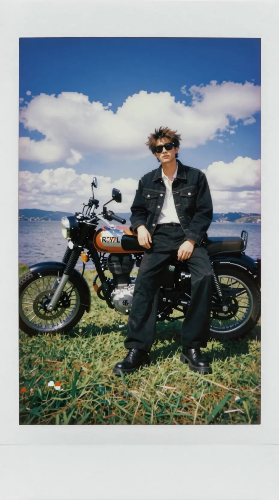 Young man relaxing by motorcycle on lakeside grass