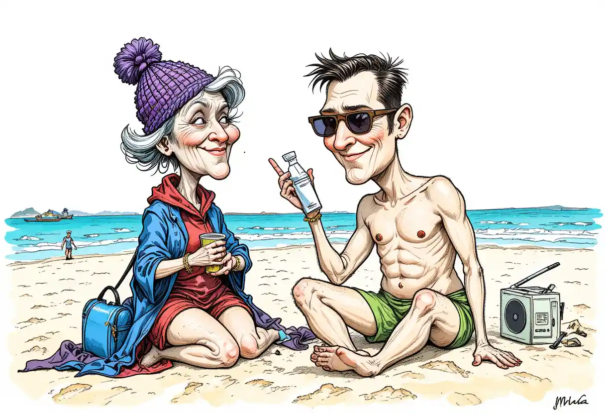 Elderly woman scolding sunburned man on colorful beach