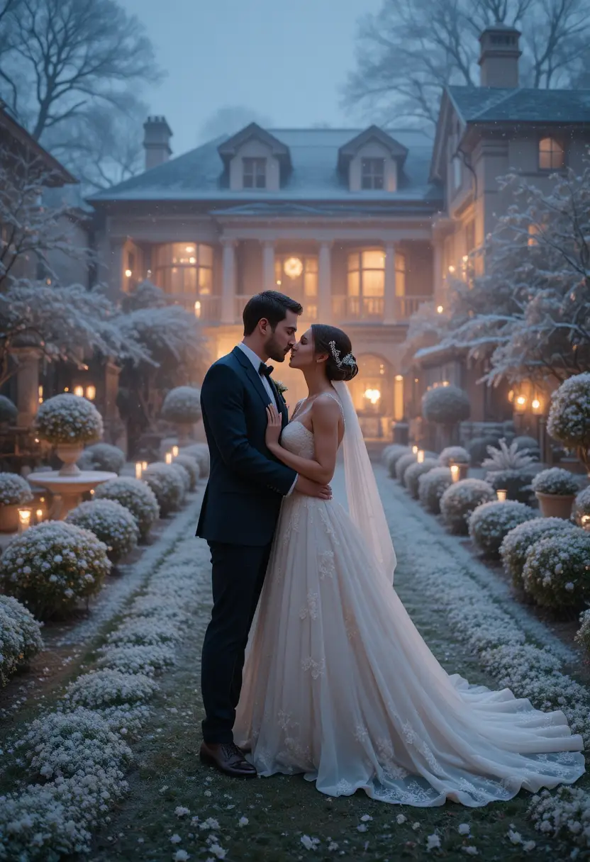 Foggy night garden wedding with guests and warm lights
