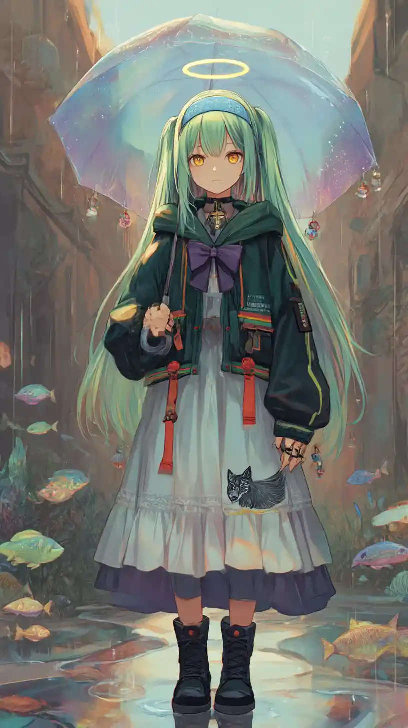 Anime girl walking with umbrella on rainy city street