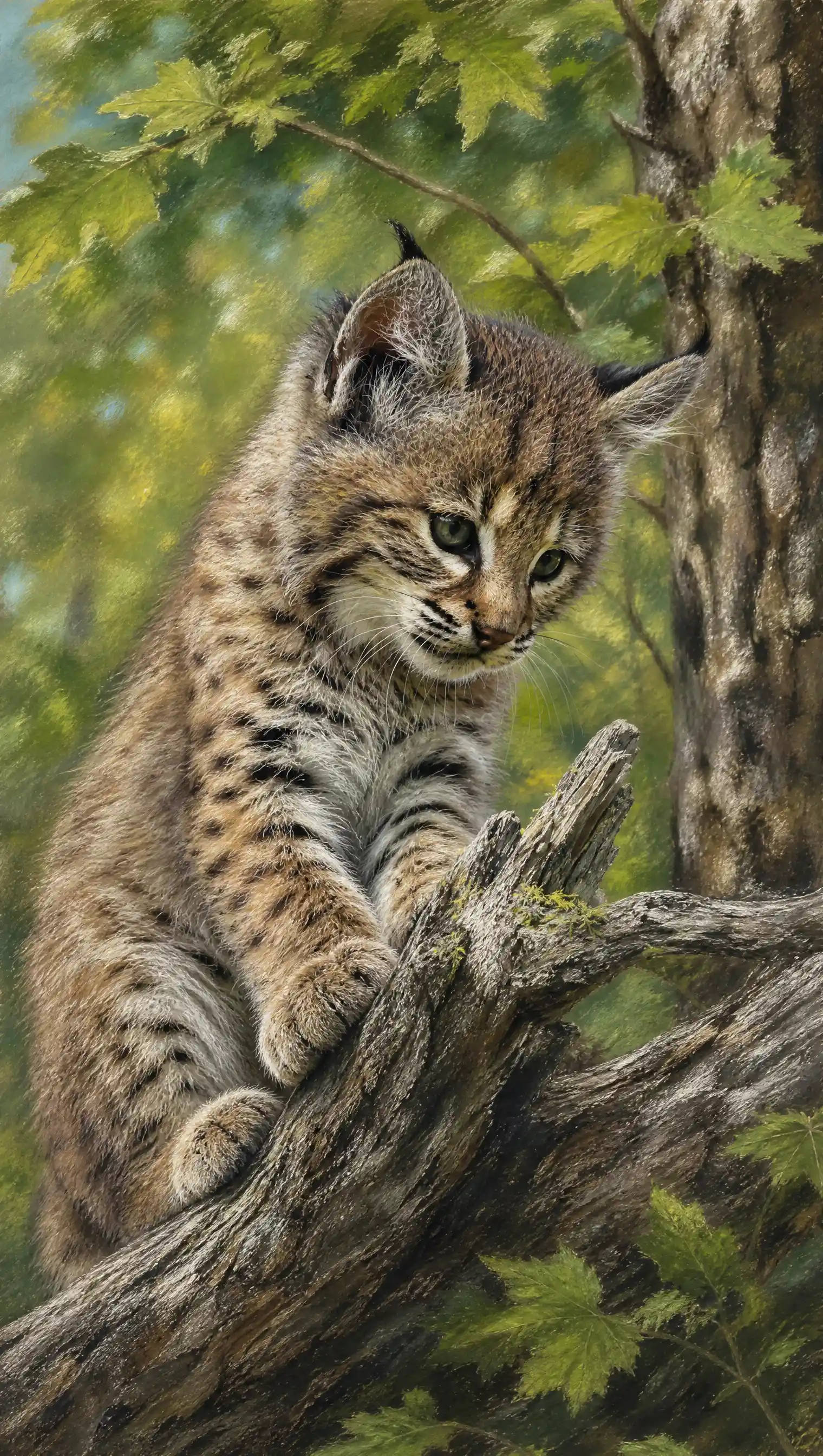 Young bobcat sitting on weathered wood in green forest