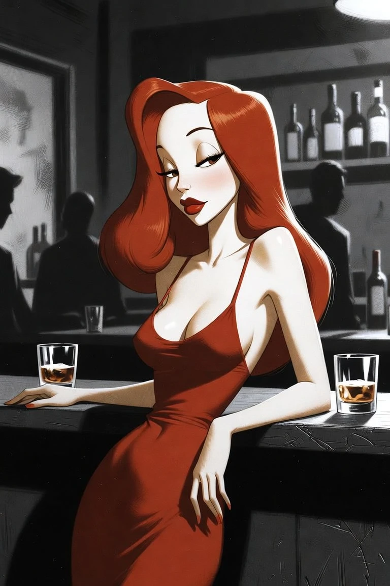 Cartoon femme fatale at bar in noir black and white