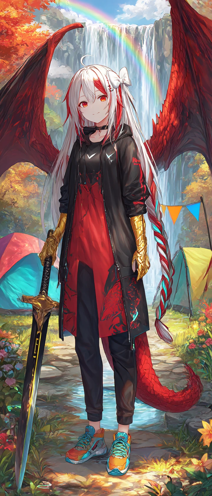 Dragon winged girl with chained sword by a waterfall