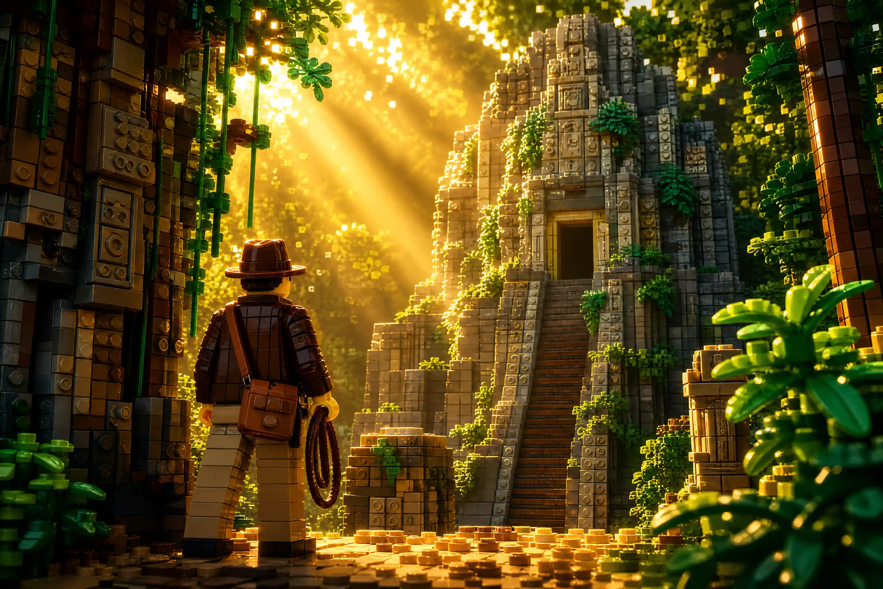 Epic scene transformed into glowing Lego brick artwork