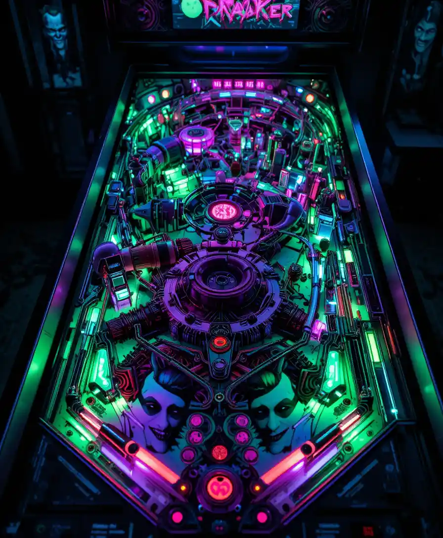 Neon pinball table in a dark chaotic atmosphere