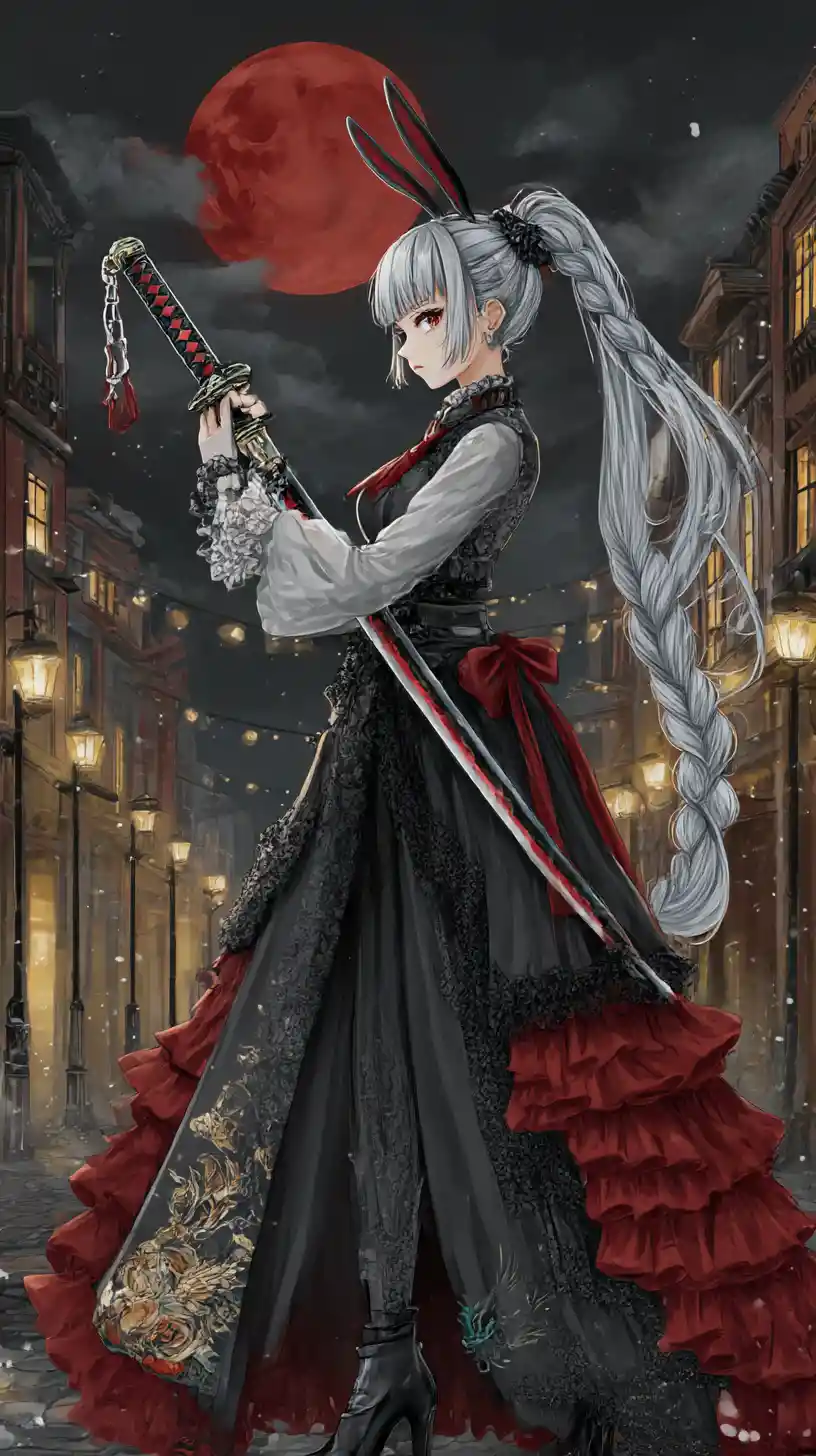 Fantasy city street carnival under a red moon