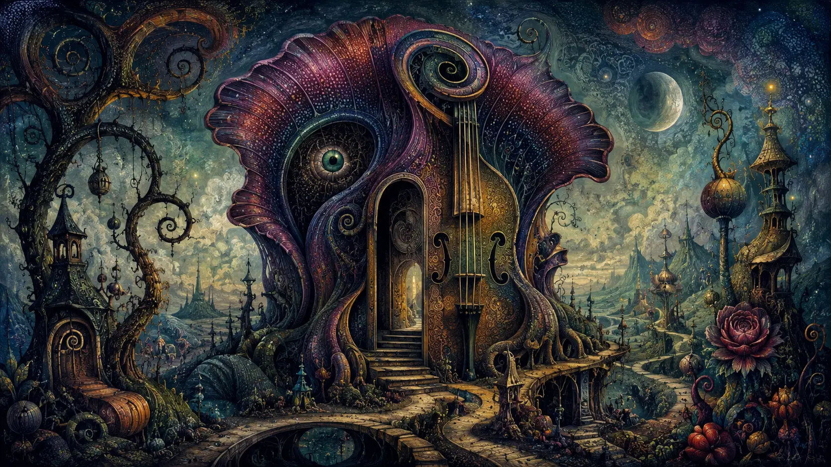 Surreal impossible object in a tiny gothic fantasy landscape