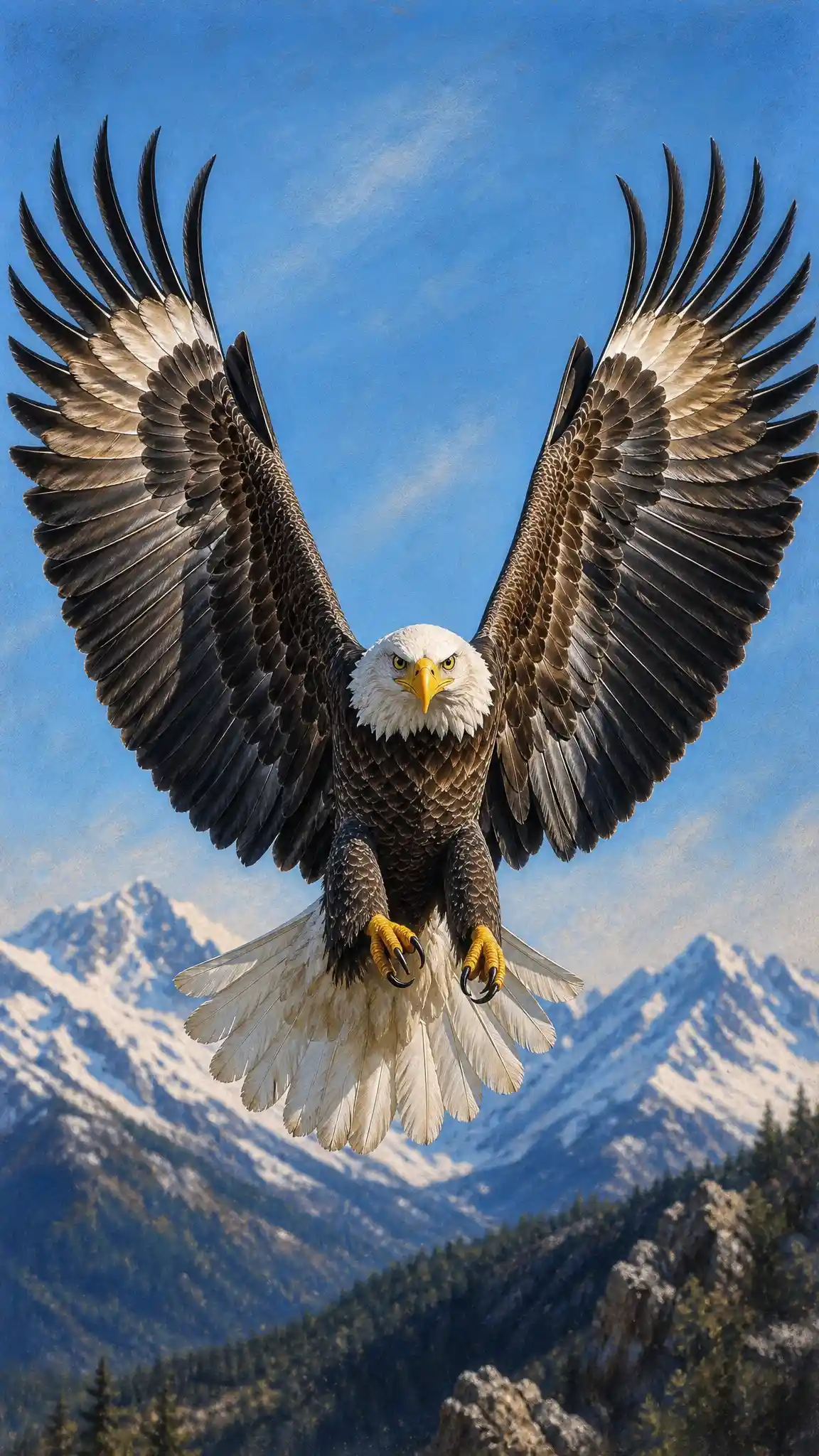 Bald Eagle Soaring With Full Wingspan Over Mountain Landscape