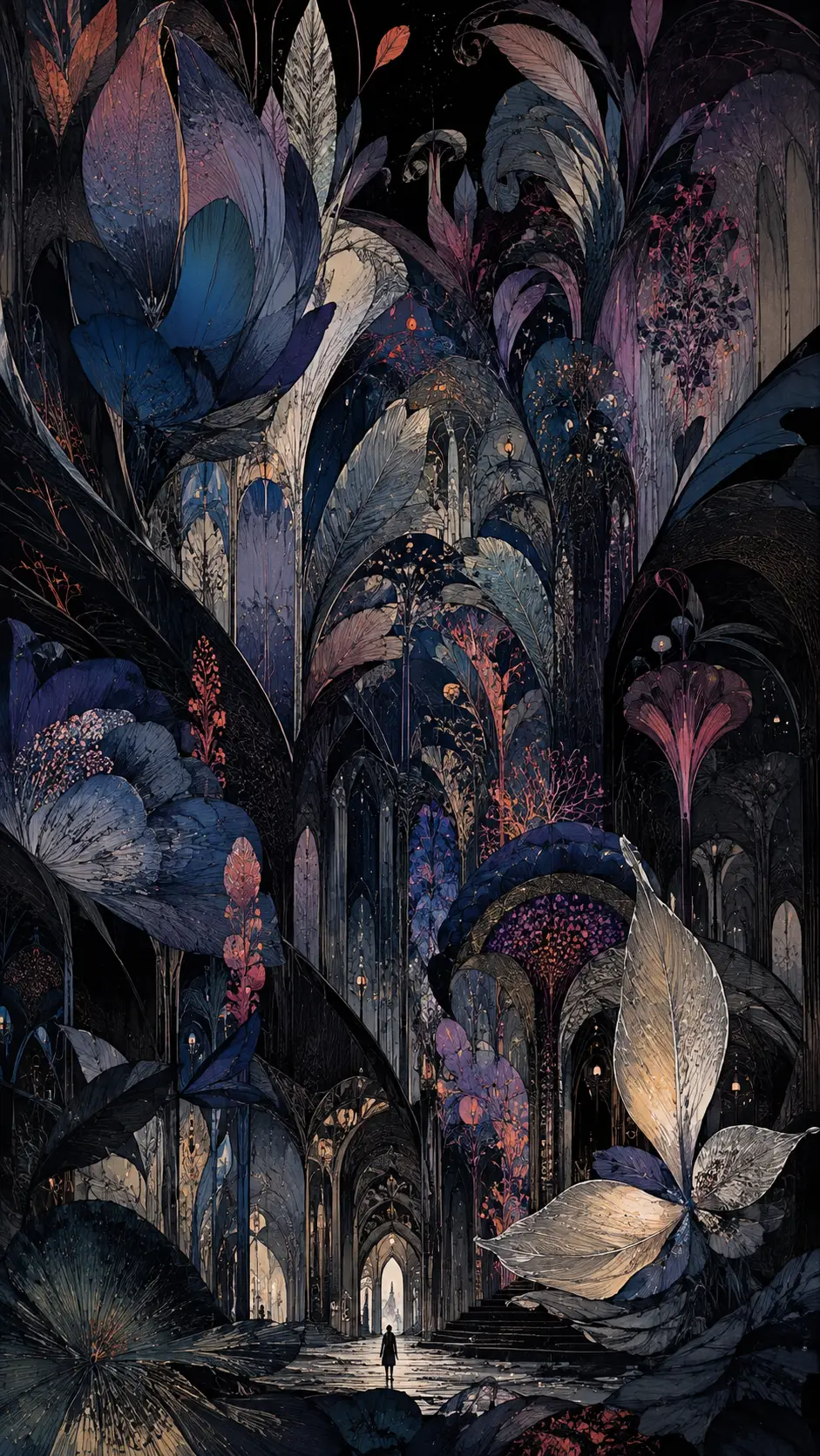 Surreal Floral Cathedral Towering Over A Tiny Lone Figure
