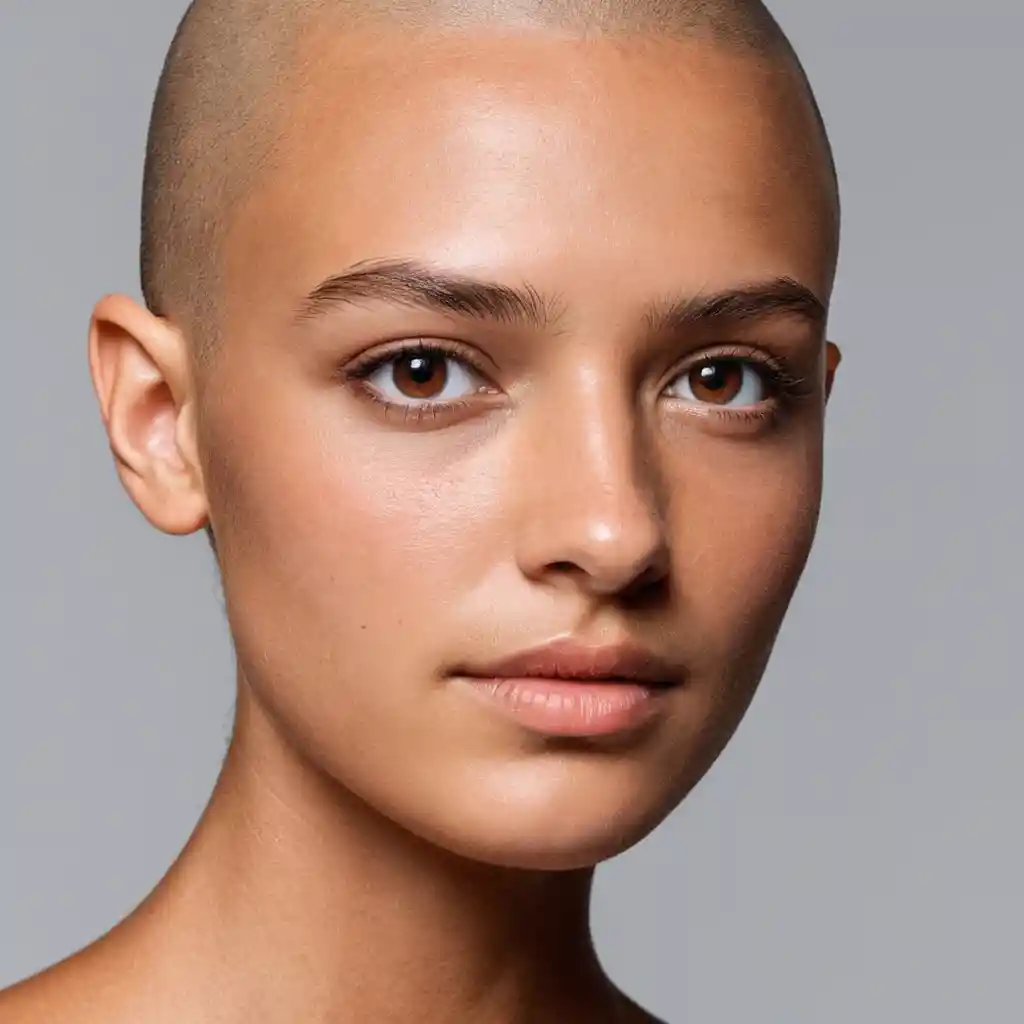 Bald tanned German woman with brown eyes and facial mole