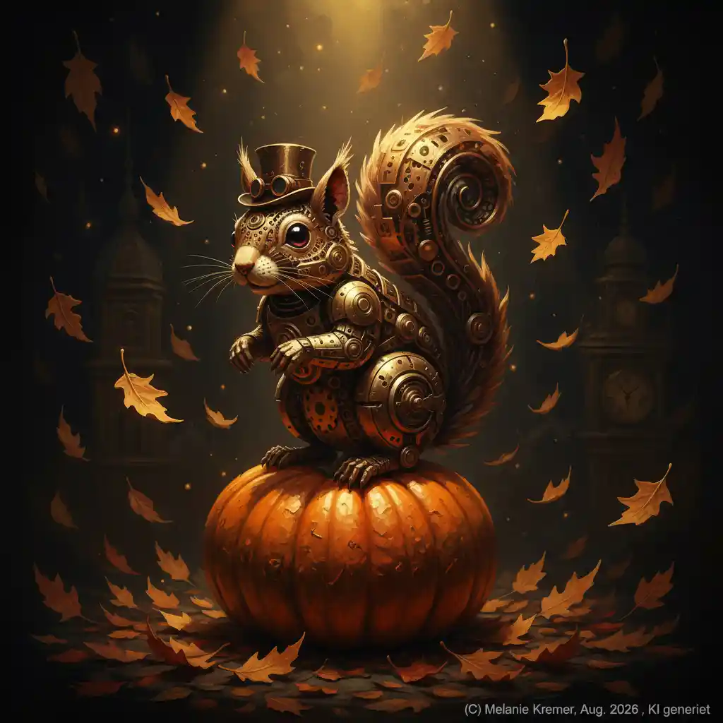 Steampunk clockwork squirrel on pumpkin with glowing autumn leaves