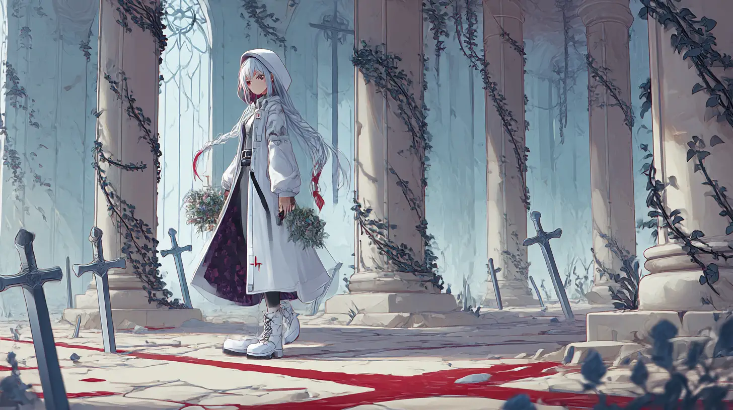 Anime girl in white coat with braids and combat boots