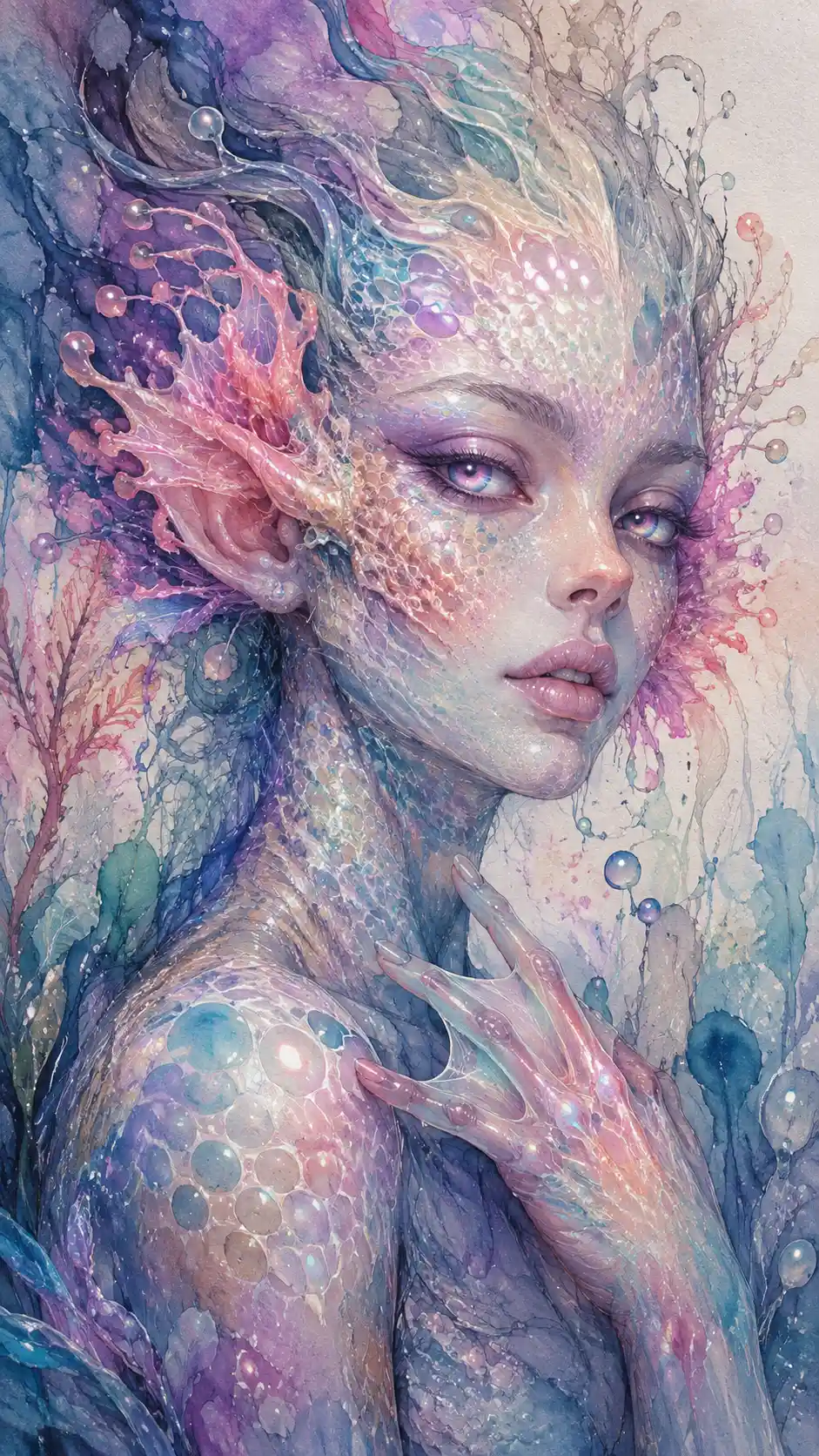 Surreal amphibious enchantress with glowing pearlescent skin