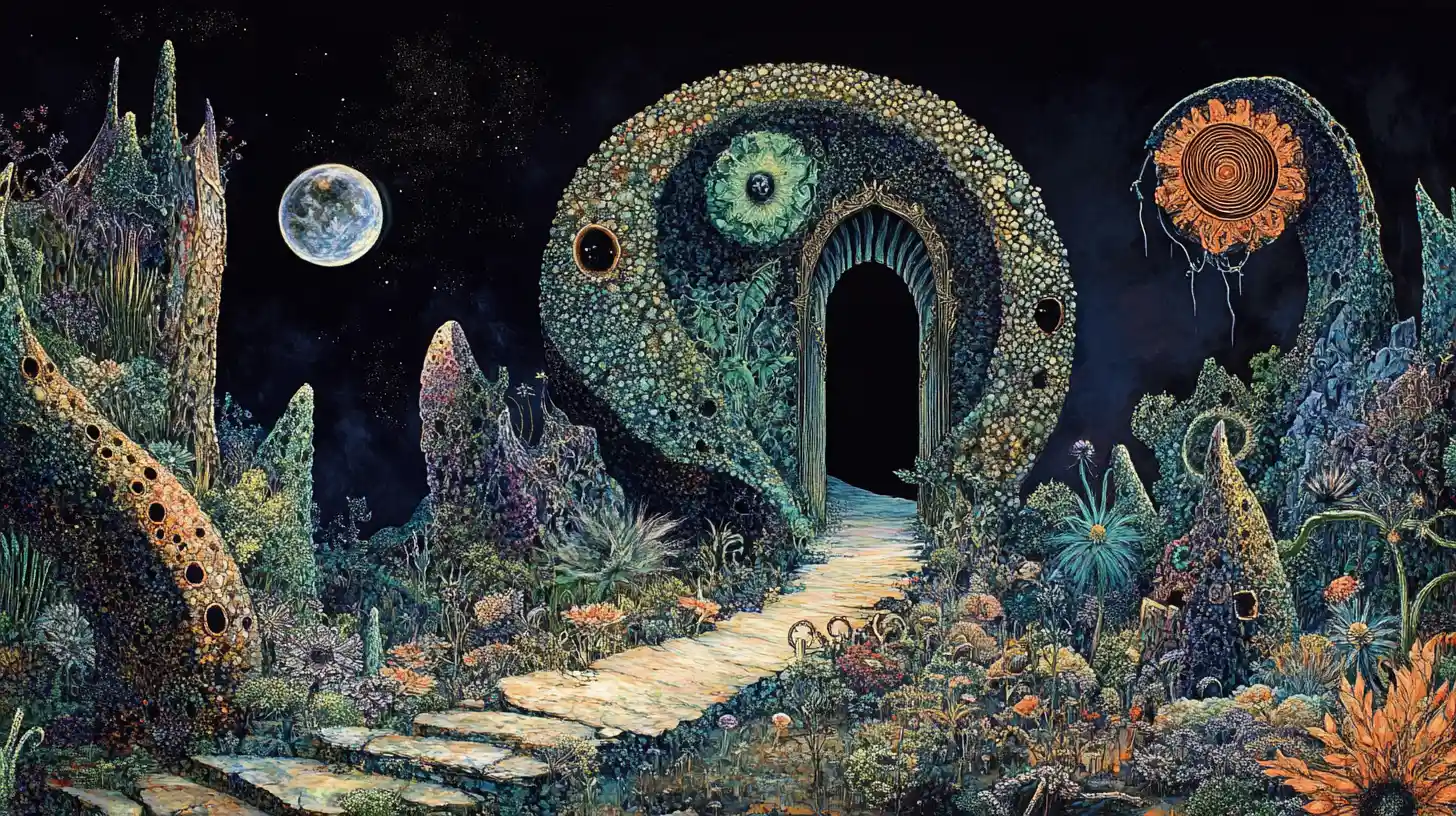 Surreal hybrid monument amid tiny crooked fantasy landscape