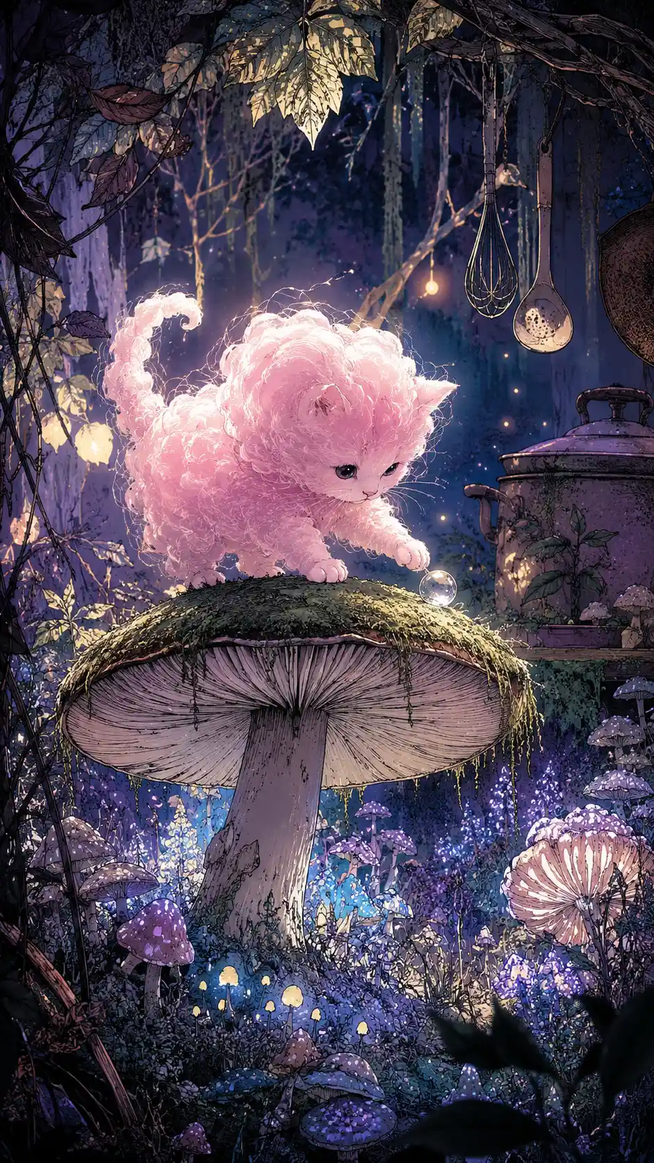 Candyfloss kitten playing with dewdrop on forest mushroom