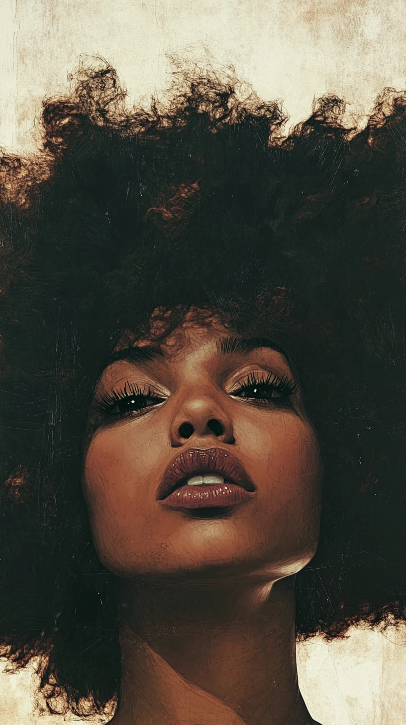 Confident brown skinned woman with shining afro hair