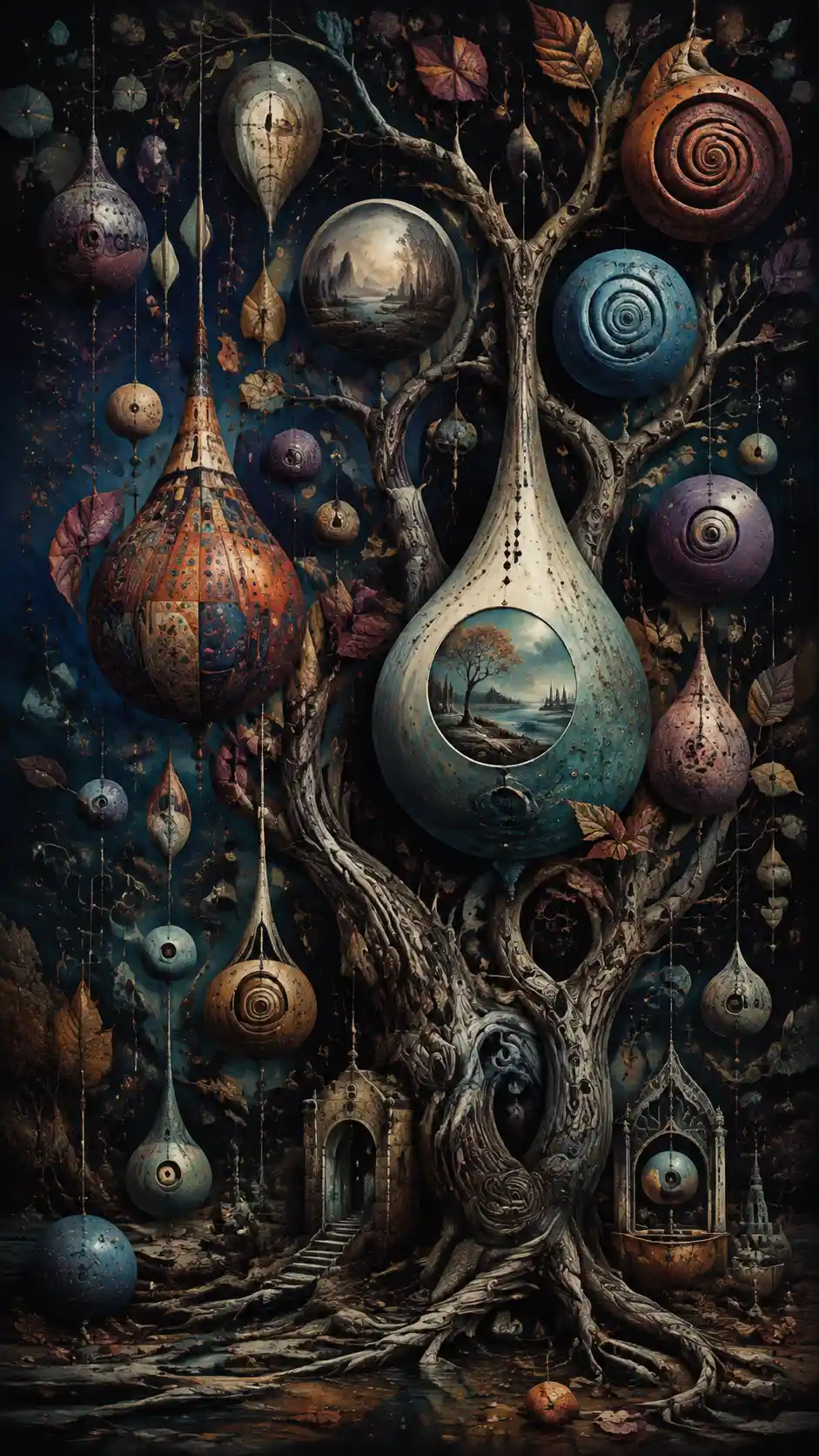 Surreal Orchard Of Abstract Fruits In Deep Indigo Night