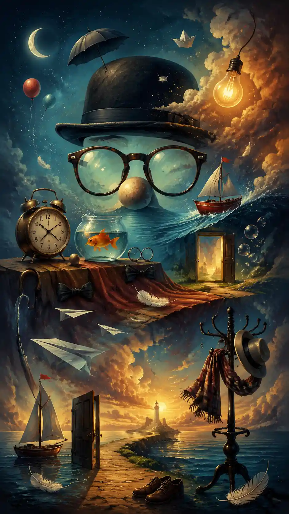 Epic symbolic digital illustration inspired by poetic humor