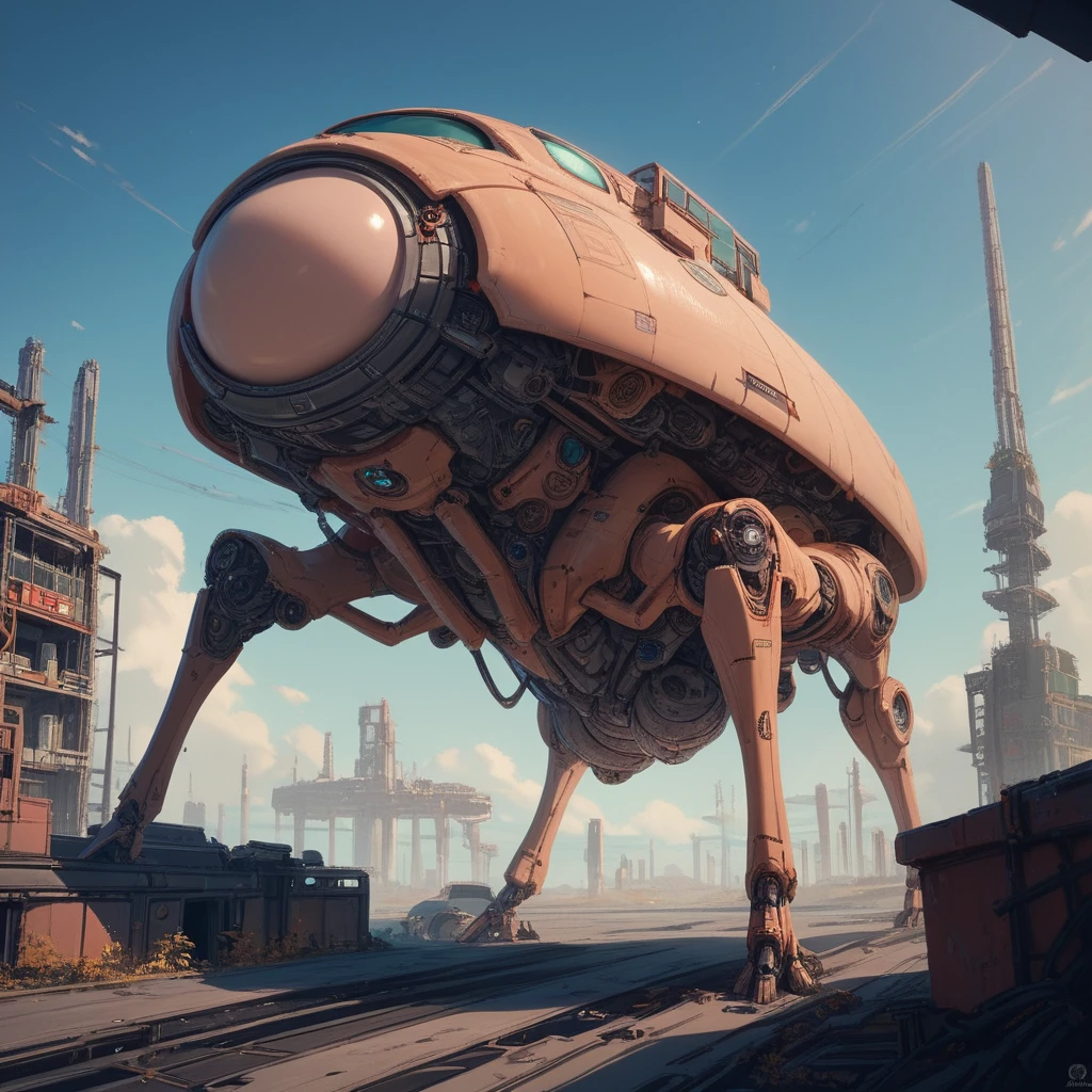 Massicci edifici steampunk incurvati in uno scenario urbano futuristico