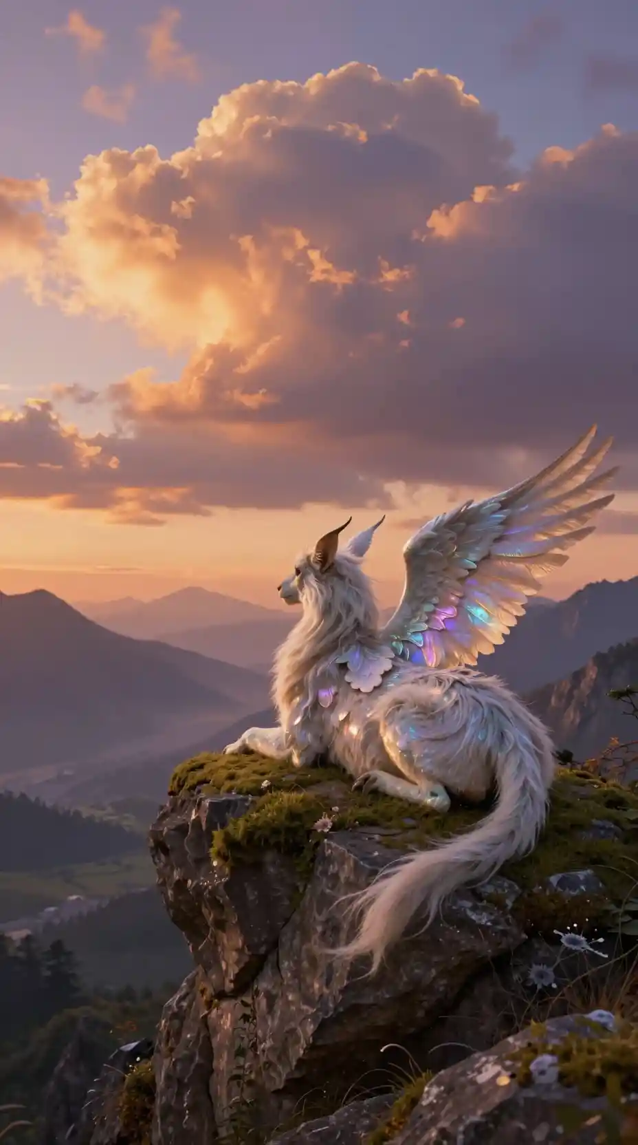 Mythical chimera resting above a glowing sunset valley