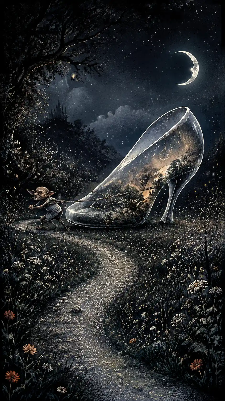 Tiny creature dragging a giant glass shoe in moonlit meadow