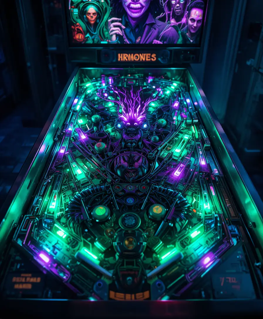 Neon pinball table from a dramatic birds eye view