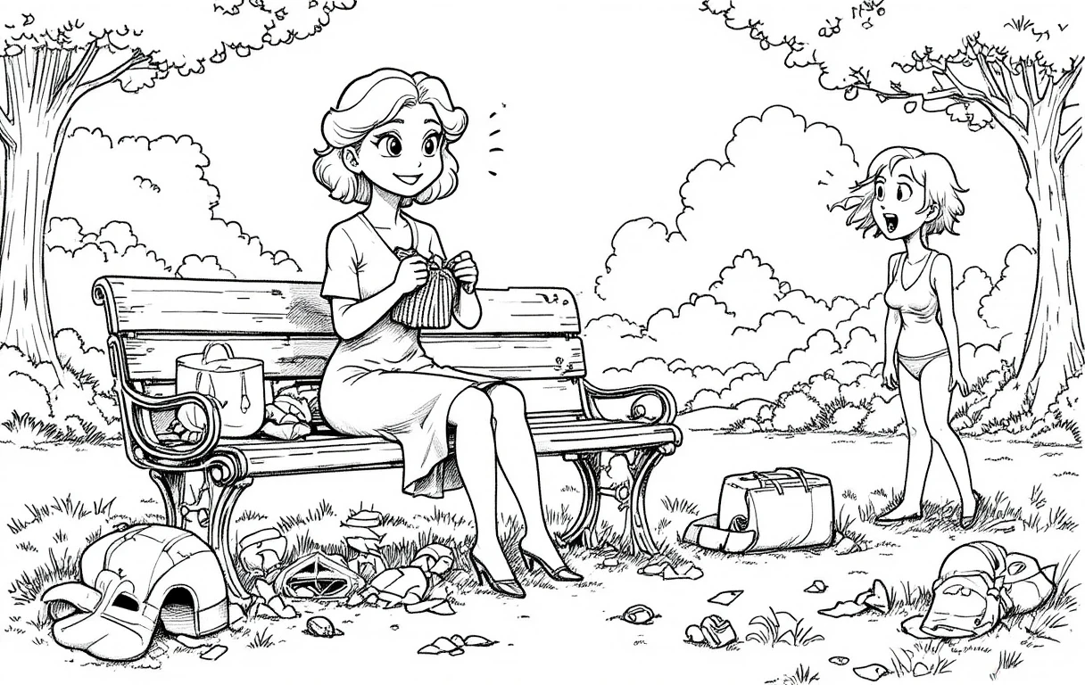 Mujer tejiendo en un banco del parque en una escena de caricatura divertida