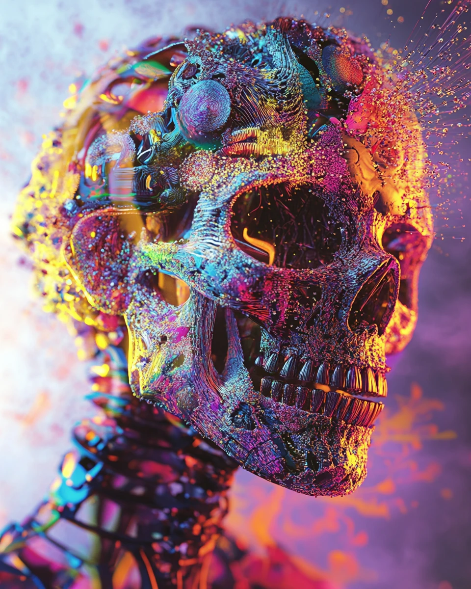 Colorful humanoid skeleton with abstract shapes and light