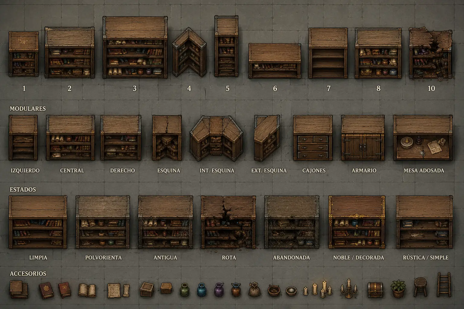 Top down medieval wooden bookshelf for 2D fantasy maps