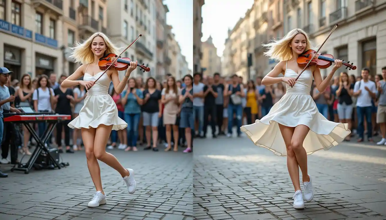 Joyful street violinist performing in a white dress