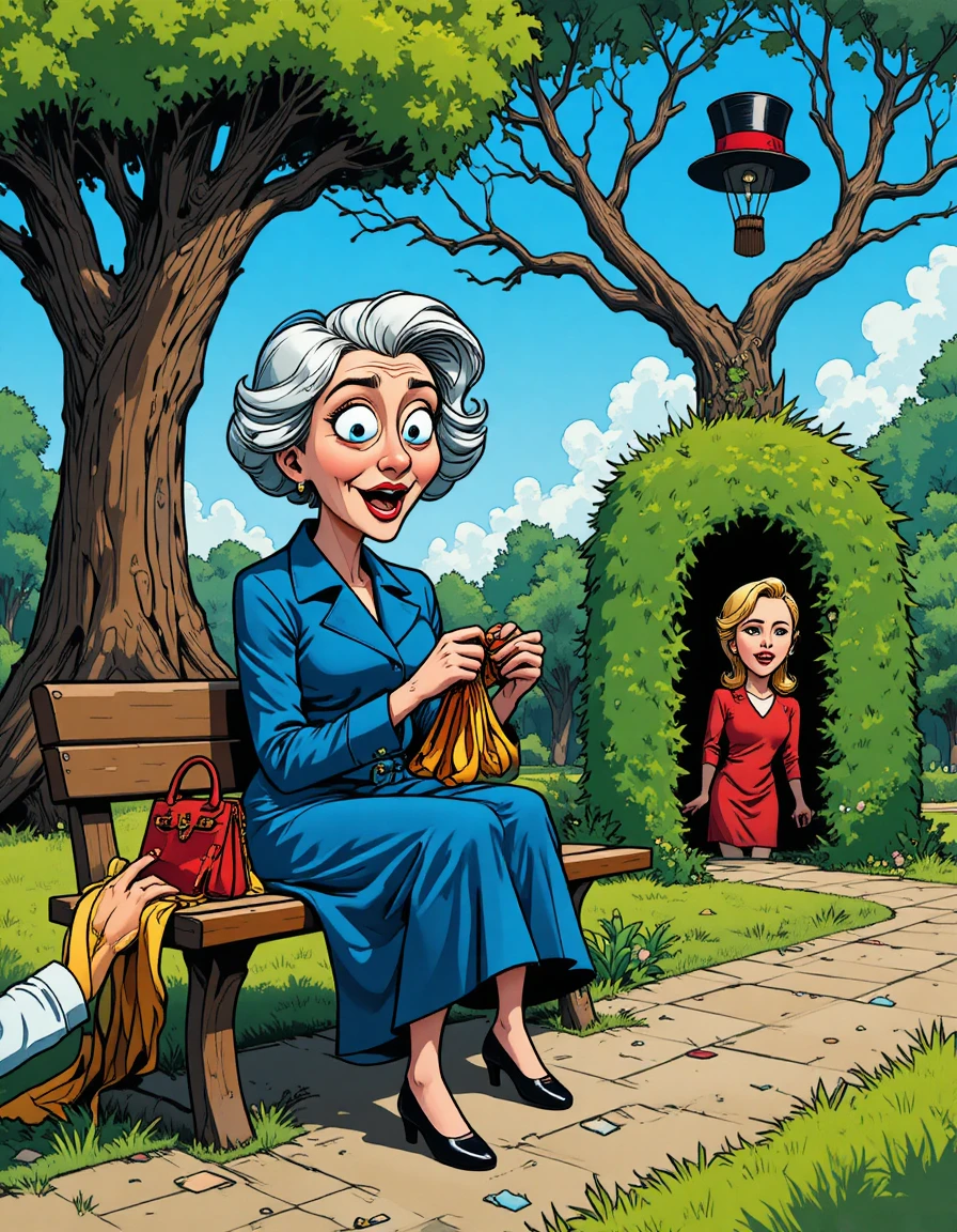 Femme âgée tricotant sur un banc de parc dans un style cartoon