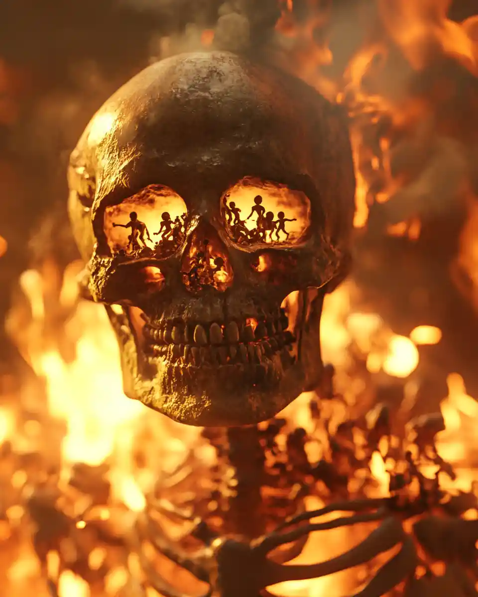 Comic style 3D skull skeleton with inner tiny world