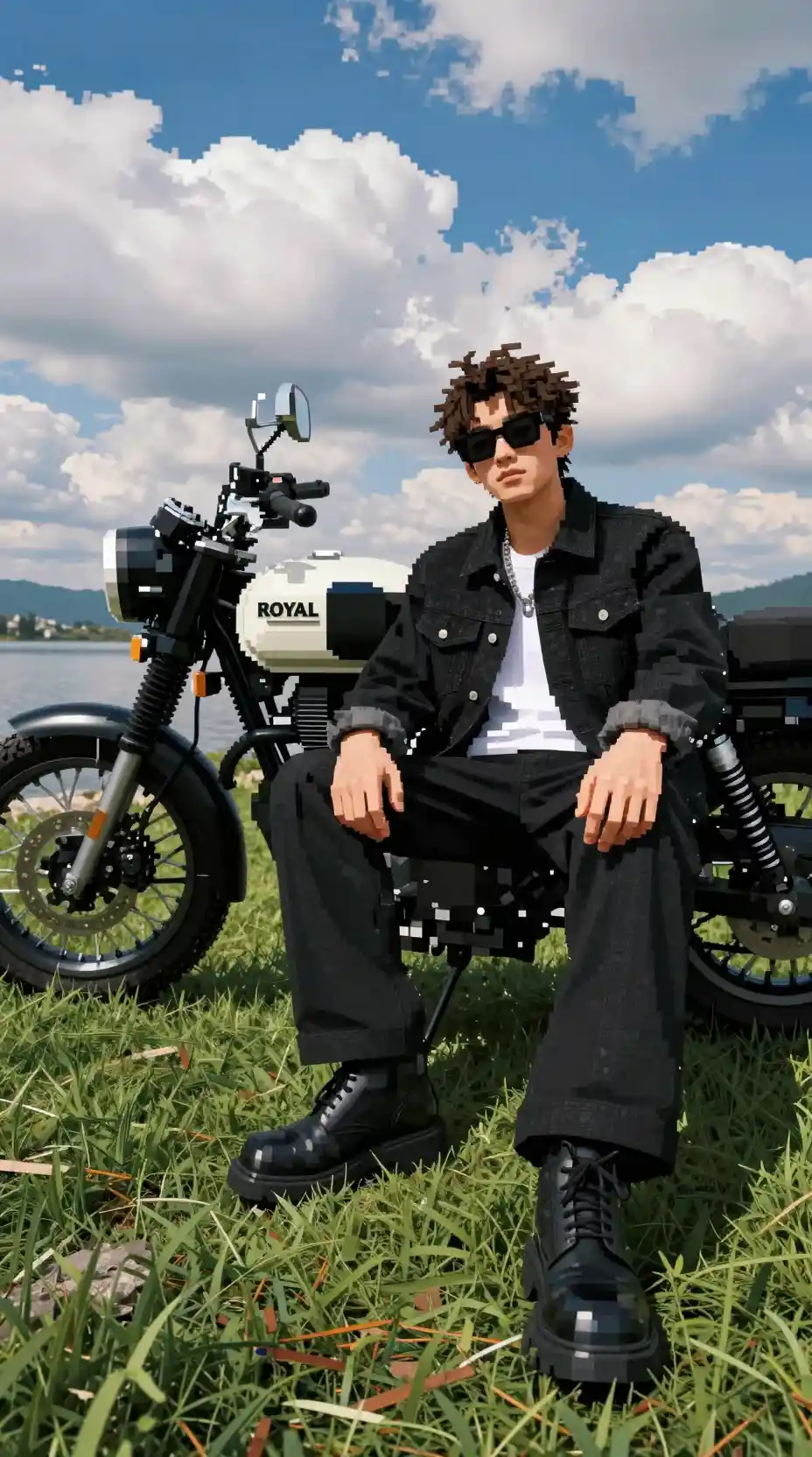 Young man relaxing by a motorcycle on lakeside grass
