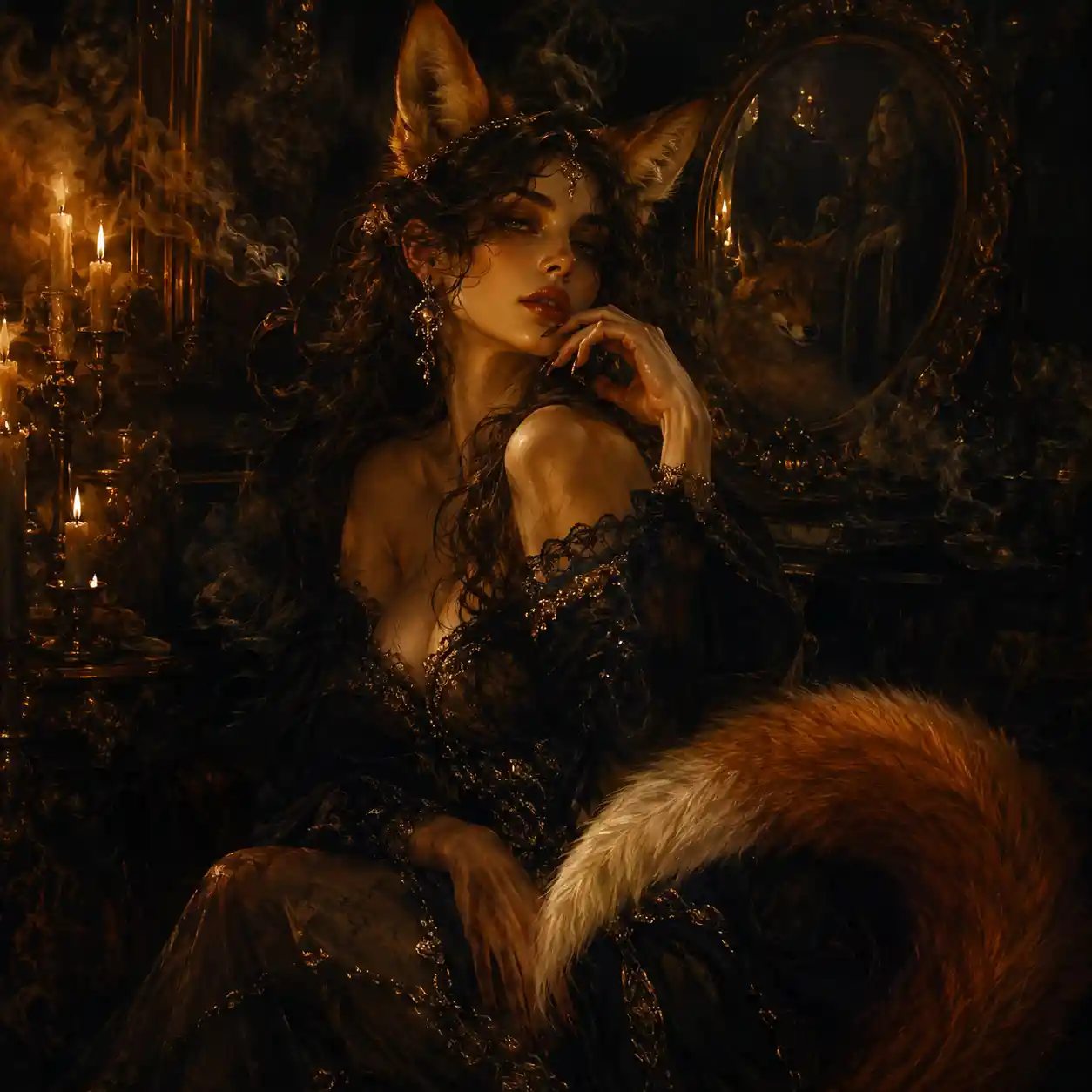 Baroque fantasy vixen in candlelit gothic darkness