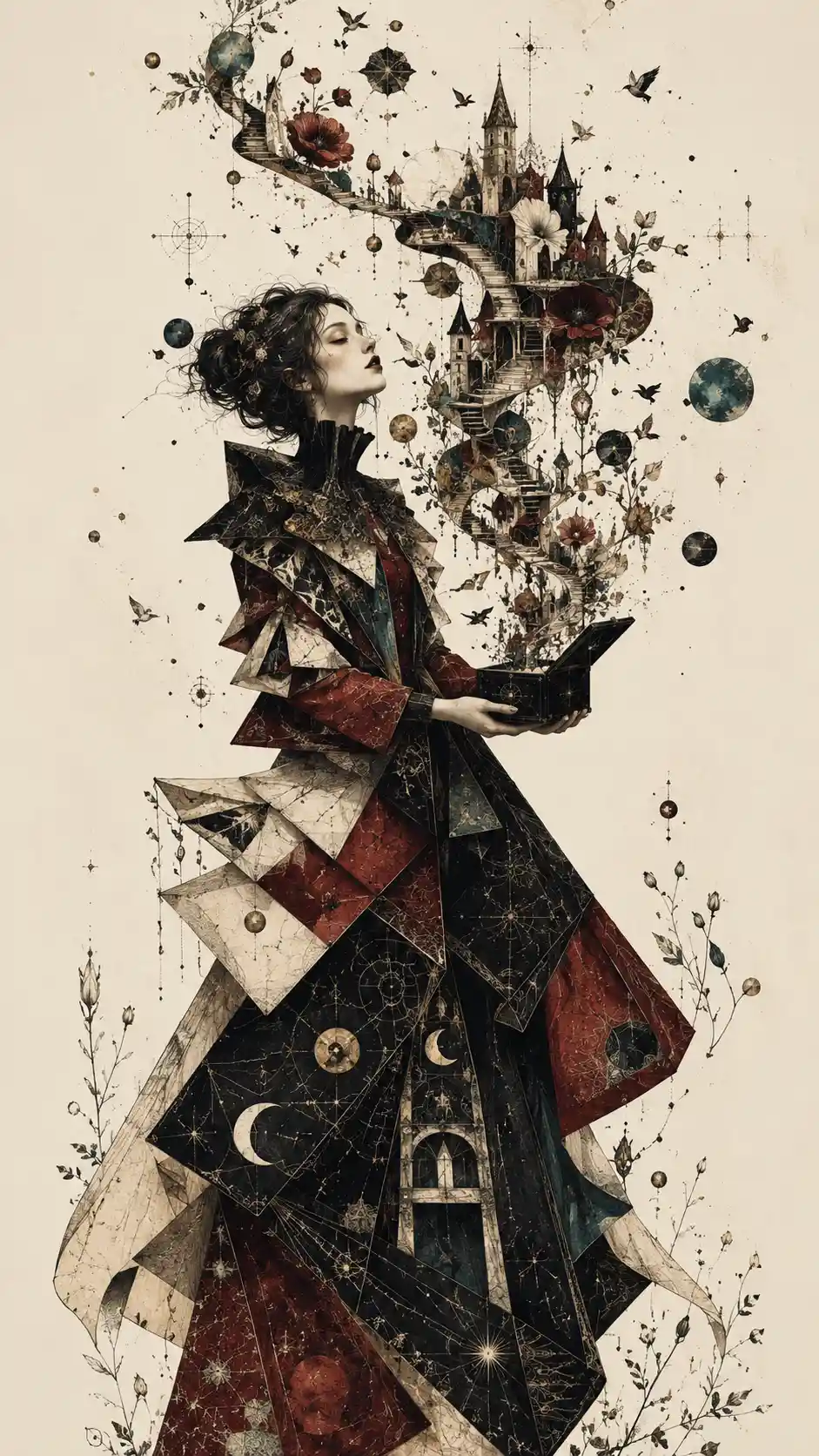 Surreal woman with tiny box releasing a miniature universe