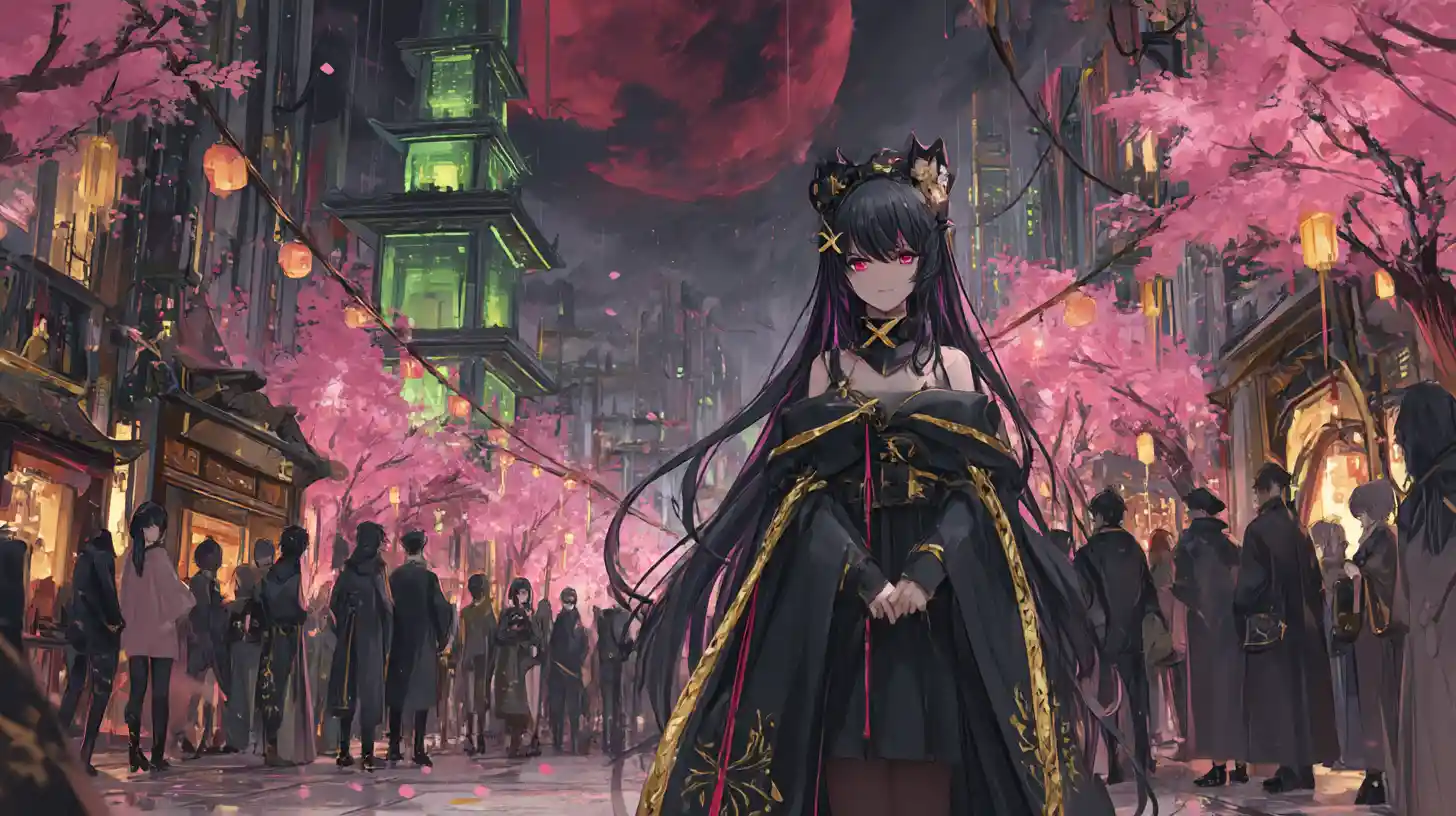 Fantasy carnival street with masked crowd under red moon