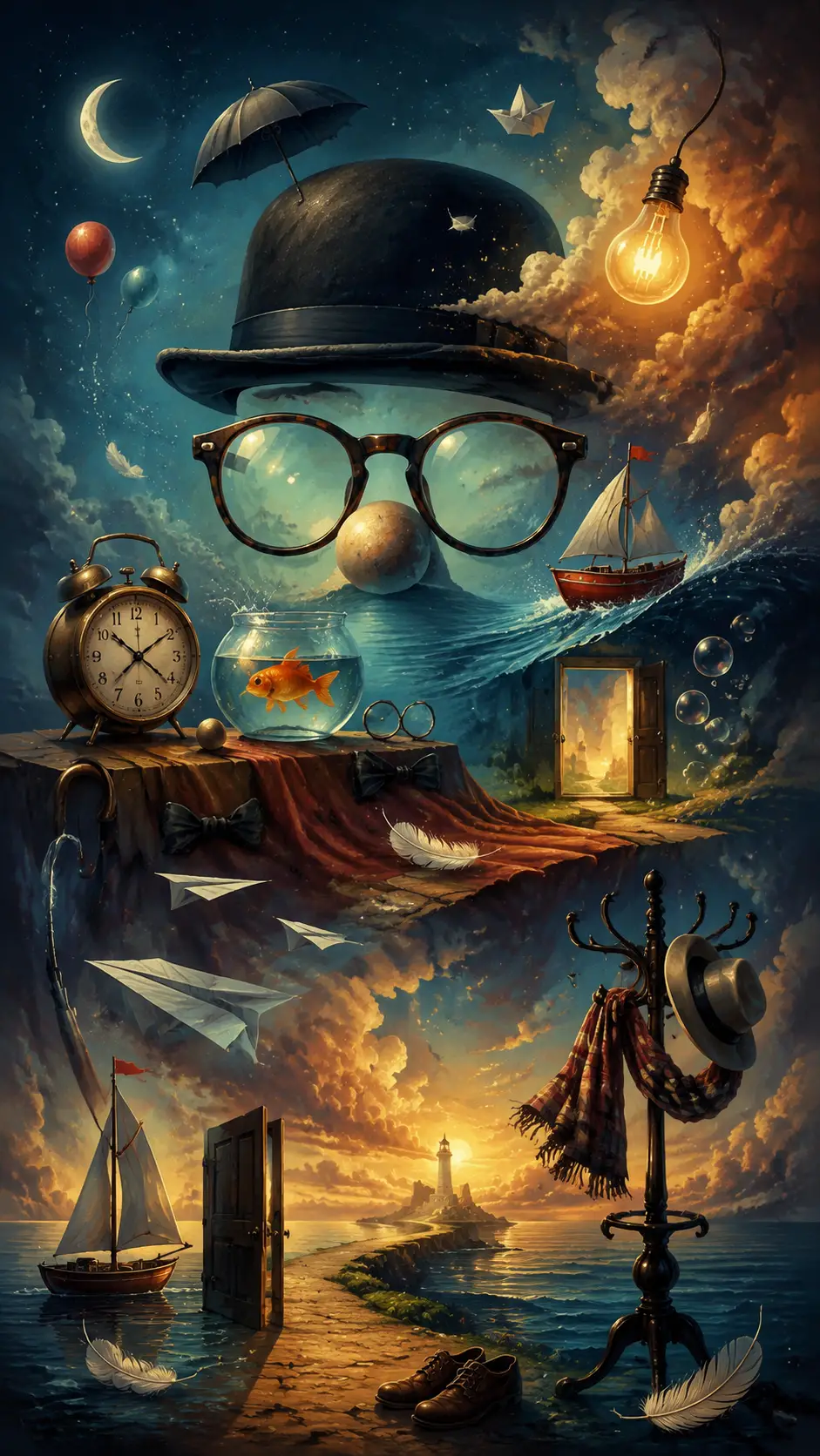 Epic symbolic digital illustration inspired by poetic humor