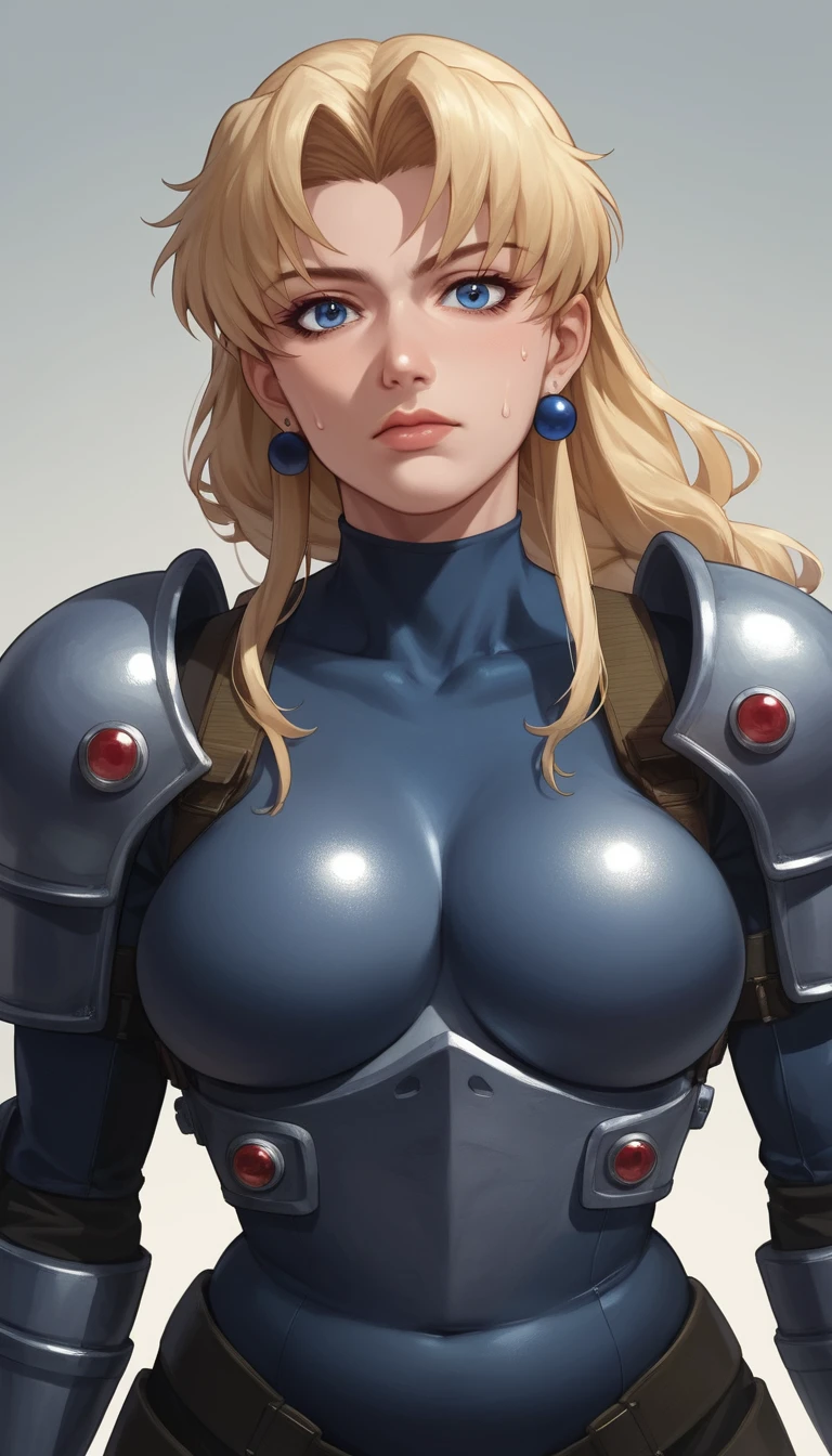 Sultry anime heroine with blue eyes in metal bodysuit armor