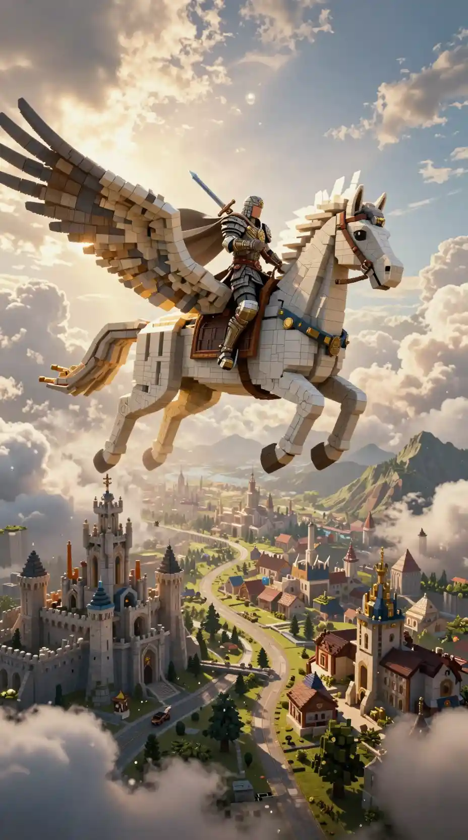 Fantasy warrior riding a pegasus above a vast block kingdom