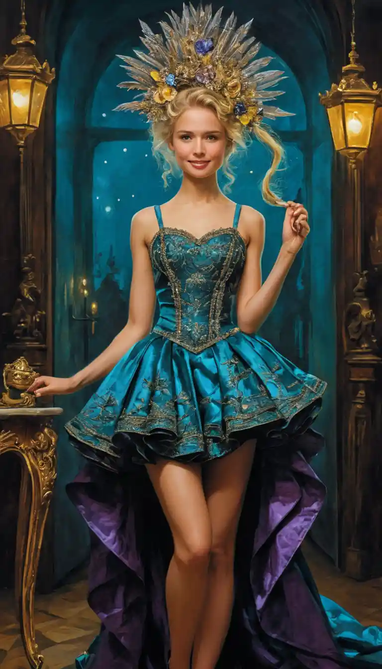 Seductive blonde femme fatale posing in ornate dark room