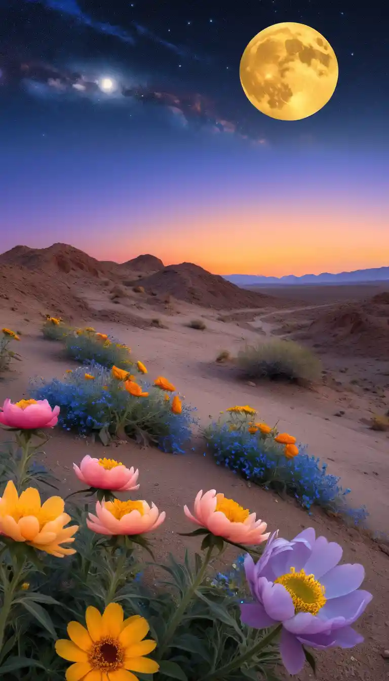 Crescent moon rising over desert flowers at twilight