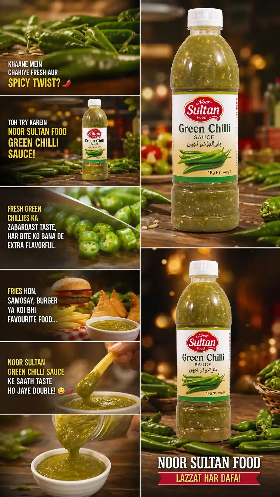 Cinematic close up of green chilli sauce bottle on table