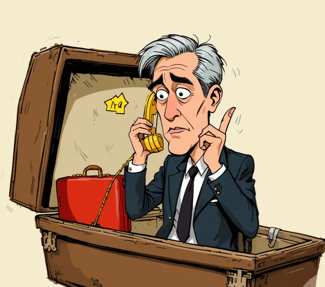Stressed businessman on phone inside an open coffin