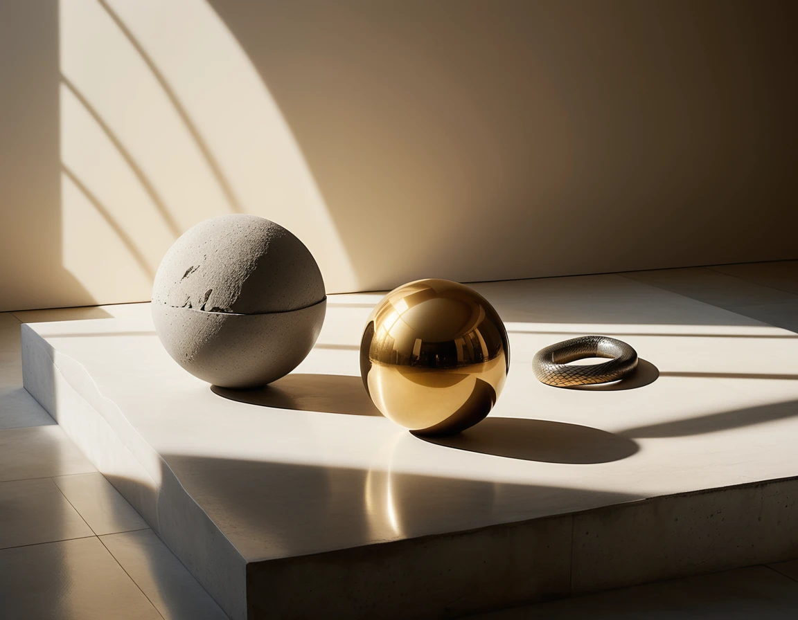 Minimalist studio still life with stone and marble sphere