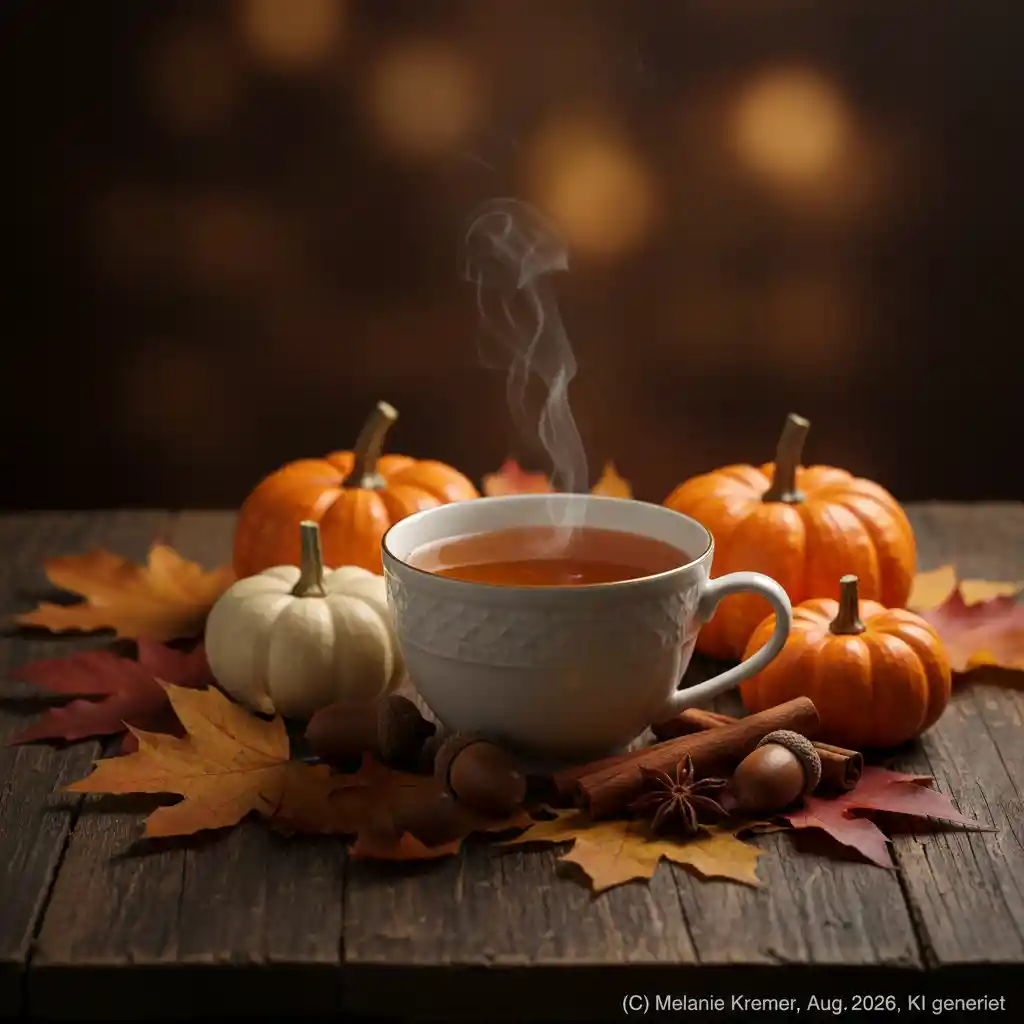 Cozy autumn still life with cinnamon tea and pumpkins
